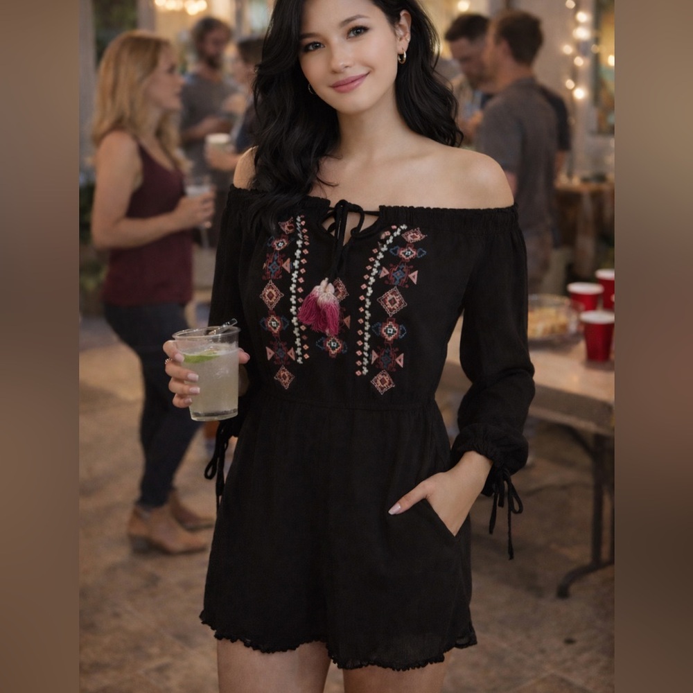 Xiloration Romper Black Embroidered Off-Shoulder Size L